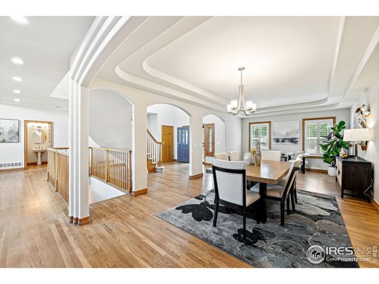 Chandelier, Dining room, Interior, Recessed Lighting, Wood Texture Flooring