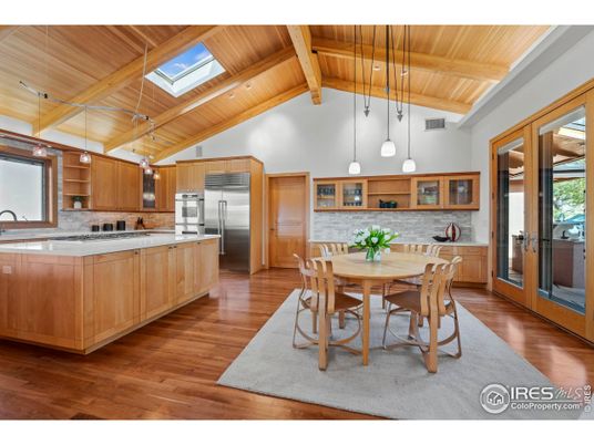 Dining room, Interior, Kitchen, Pendant Lights, Stainless Steel Appliances, Stone Walls, Wooden Beams, Wooden Ceilings, Wood Texture Flooring