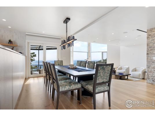 Dining room, Interior, Pendant Lights, Recessed Lighting, Water, Wood Texture Flooring