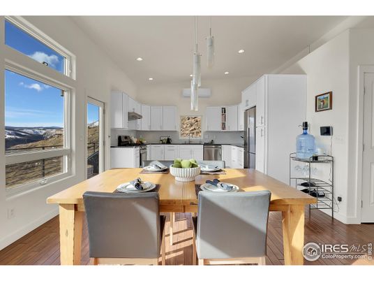 Dining room, Interior, Kitchen, Pendant Lights, Recessed Lighting, Stainless Steel Appliances, Wood Texture Flooring