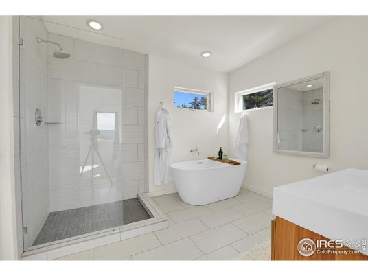 Bathroom, Free Standing Baths, Glass Shower, Interior, Recessed Lighting