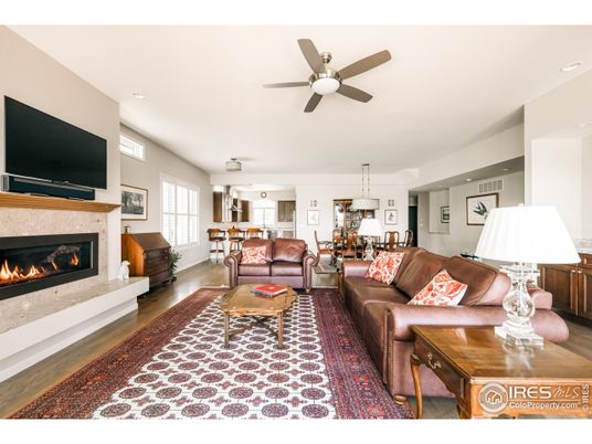 Dining room, Fireplace, Interior, Kitchen, Living room, Pendant Lights, Recessed Lighting, Wood Texture Flooring