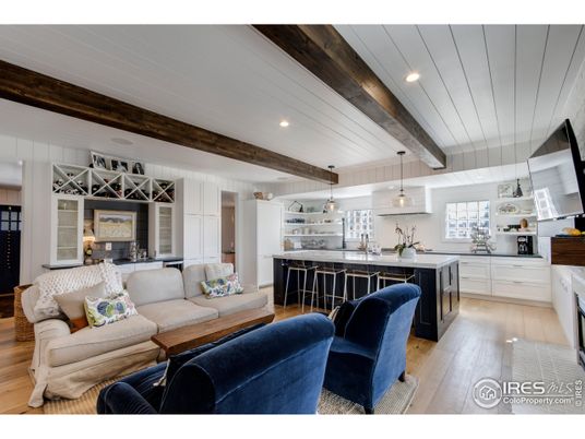 Interior, Kitchen, Living room, Pendant Lights, Recessed Lighting, Wooden Beams, Wood Texture Flooring