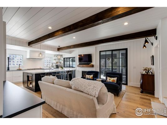 Fireplace, Interior, Kitchen, Living room, Pendant Lights, Recessed Lighting, Wooden Beams, Wood Texture Flooring