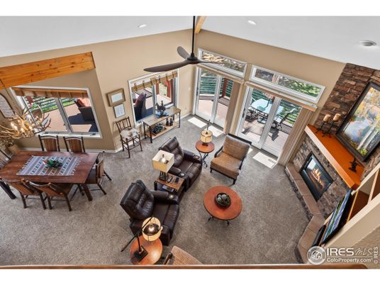 Dining room, Fireplace, Interior, Living room, Recessed Lighting, Wooden Beams