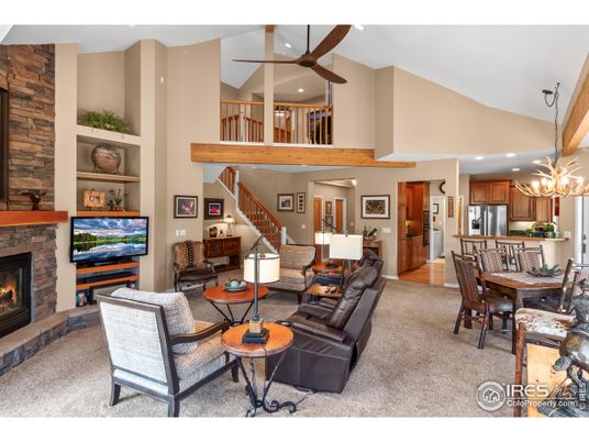 Dining room, Fireplace, Interior, Kitchen, Living room, Recessed Lighting, Stainless Steel Appliances, Wooden Beams