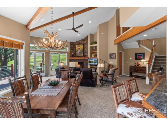 Chandelier, Dining room, Fireplace, Interior, Living room, Recessed Lighting, Wooden Beams