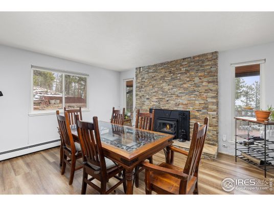 Dining room, Fireplace, Interior, Stone Walls, Wood Texture Flooring