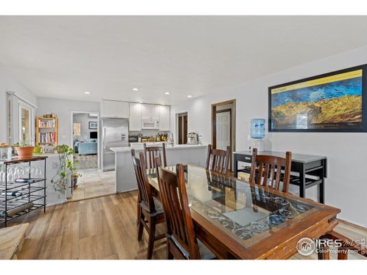 Dining room, Interior, Kitchen, Recessed Lighting, Stainless Steel Appliances, Wood Texture Flooring