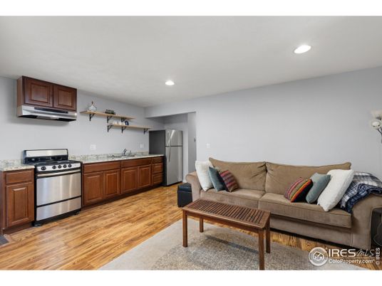 Interior, Kitchen, Living room, Recessed Lighting, Stainless Steel Appliances, Wood Texture Flooring