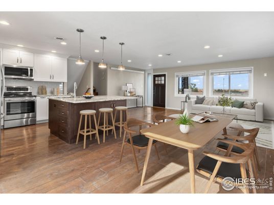 Dining room, Interior, Kitchen, Living room, Pendant Lights, Recessed Lighting, Stainless Steel Appliances, Wood Texture Flooring