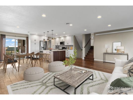 Dining room, Interior, Kitchen, Living room, Pendant Lights, Recessed Lighting, Stainless Steel Appliances, Wood Texture Flooring