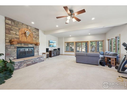 Fireplace, Interior, Living room, Recessed Lighting, Stone Walls