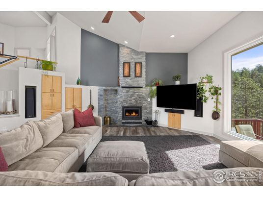 Fireplace, Interior, Living room, Recessed Lighting, Stone Walls