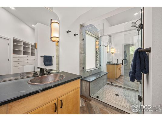 Bathroom, Dual Sink Vanities, Glass Shower, Interior, Recessed Lighting, Wood Texture Flooring