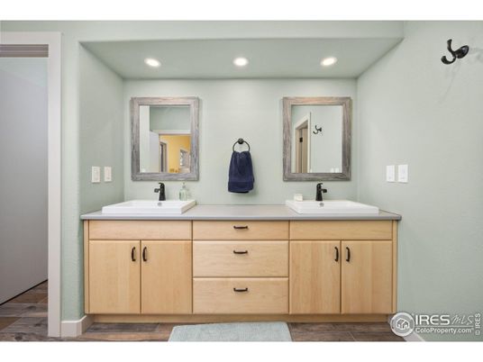 Bathroom, Dual Sink Vanities, Interior, Recessed Lighting, Wood Texture Flooring