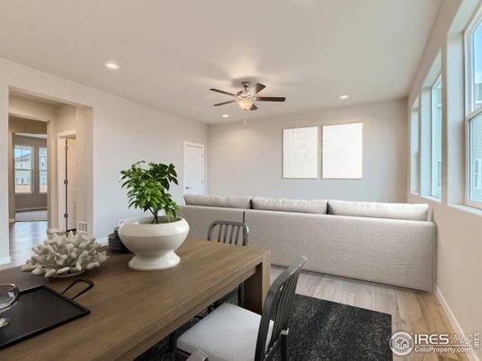 Dining room, Interior, Living room, Recessed Lighting, Wood Texture Flooring