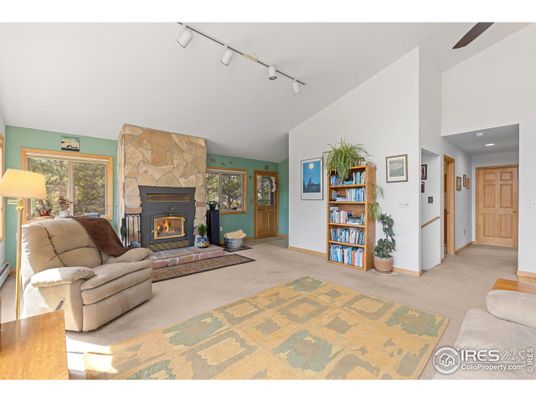 Fireplace, Interior, Living room, Recessed Lighting, Stone Walls