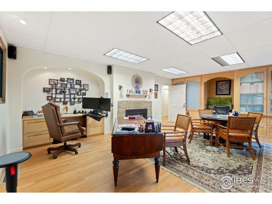 Fireplace, Home Office, Interior, Recessed Lighting, Wood Texture Flooring