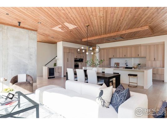 Dining room, Interior, Kitchen, Living room, Pendant Lights, Recessed Lighting, Stainless Steel Appliances, Wooden Beams, Wooden Ceilings, Wood Texture Flooring