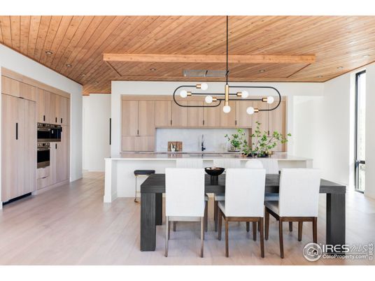 Dining room, Interior, Kitchen, Pendant Lights, Recessed Lighting, Stainless Steel Appliances, Wooden Beams, Wooden Ceilings, Wood Texture Flooring