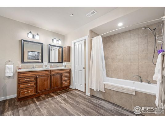Bathroom, Dual Sink Vanities, Interior, Recessed Lighting, Wood Texture Flooring