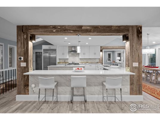 Chandelier, Interior, Kitchen, Pendant Lights, Recessed Lighting, Stainless Steel Appliances, Wood Texture Flooring