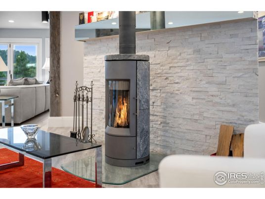 Fireplace, Interior, Recessed Lighting, Stone Walls