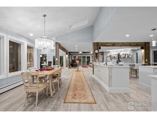 Chandelier, Dining room, Interior, Kitchen, Pendant Lights, Recessed Lighting, Wood Texture Flooring