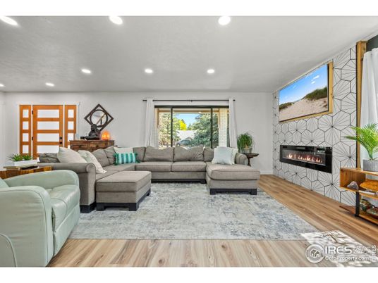 Fireplace, Interior, Living room, Recessed Lighting, Wood Texture Flooring
