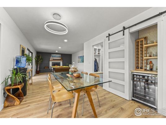 Dining room, Fireplace, Interior, Recessed Lighting, Wood Texture Flooring