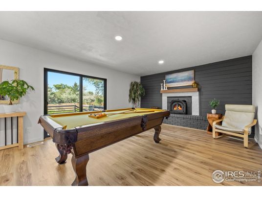 Billiard Table, Fireplace, Game Room, Interior, Recessed Lighting, Wood Texture Flooring