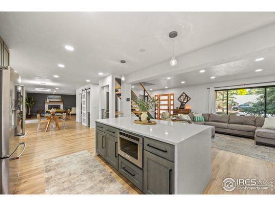 Dining room, Interior, Kitchen, Living room, Pendant Lights, Recessed Lighting, Stainless Steel Appliances, Wood Texture Flooring