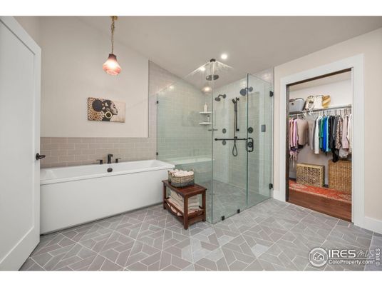 Bathroom, Glass Shower, Interior, Pendant Lights, Recessed Lighting, Walk-in Closets, Wood Texture Flooring