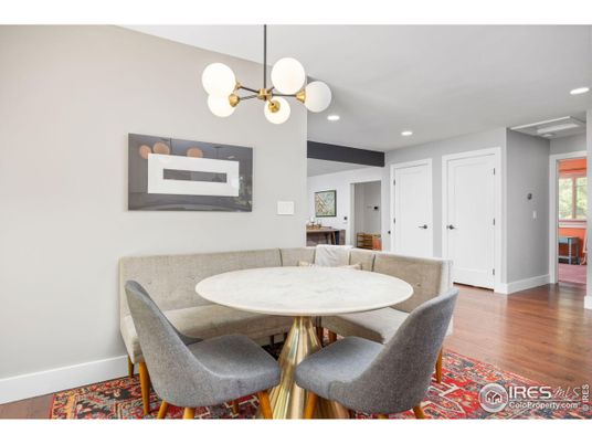 Dining room, Interior, Pendant Lights, Recessed Lighting, Wood Texture Flooring