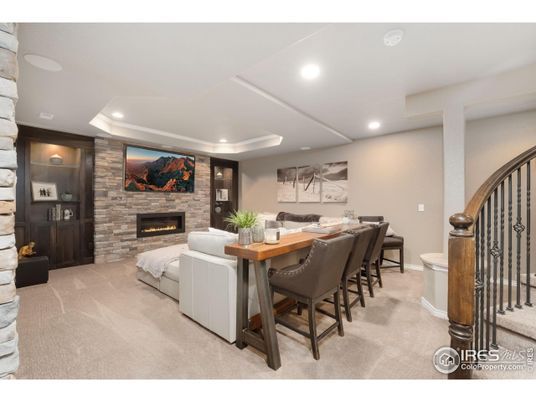 Dining room, Fireplace, Interior, Living room, Recessed Lighting, Stone Walls