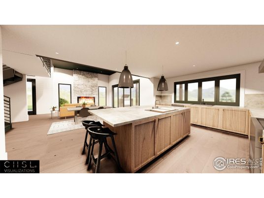 Fireplace, Interior, Kitchen, Living room, Pendant Lights, Recessed Lighting, Stone Walls, Wood Texture Flooring