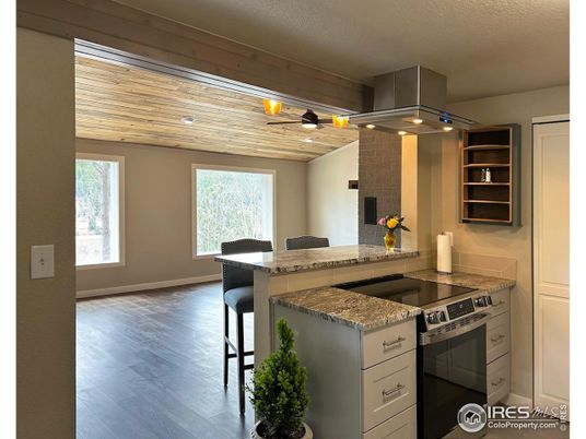 Fireplace, Interior, Kitchen, Recessed Lighting, Stainless Steel Appliances, Stone Walls, Wooden Ceilings, Wood Texture Flooring