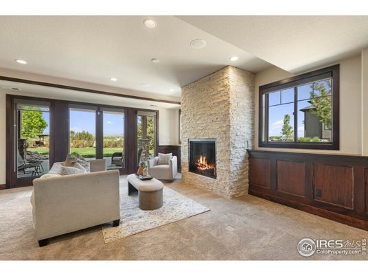 Fireplace, Interior, Living room, Recessed Lighting, Stone Walls
