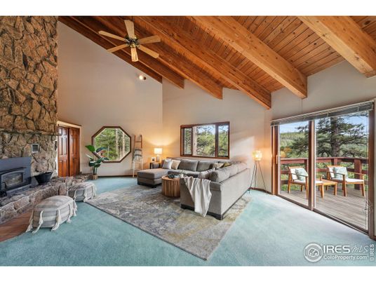 Fireplace, Interior, Living room, Recessed Lighting, Stone Walls, Wooden Beams, Wooden Ceilings