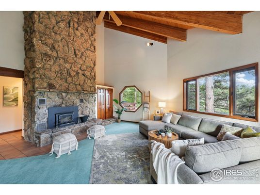 Fireplace, Interior, Living room, Recessed Lighting, Stone Walls, Wooden Beams