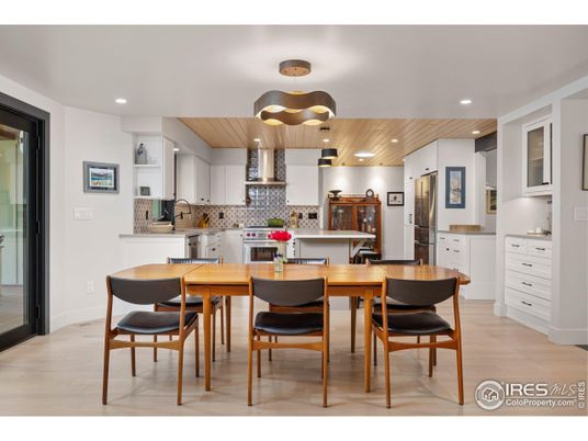 Dining room, Interior, Kitchen, Pendant Lights, Recessed Lighting, Stainless Steel Appliances, Wooden Ceilings, Wood Texture Flooring