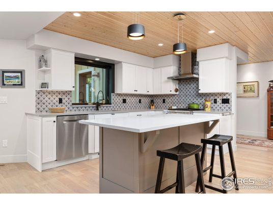 Interior, Kitchen, Pendant Lights, Recessed Lighting, Stainless Steel Appliances, Wooden Ceilings, Wood Texture Flooring
