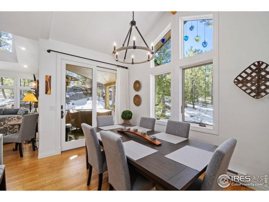 Chandelier, Dining room, Interior, Pendant Lights, Recessed Lighting, Wood Texture Flooring
