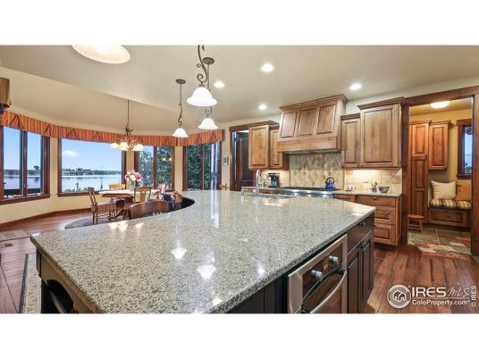 Dining room, Interior, Kitchen, Pendant Lights, Recessed Lighting, Water, Wood Texture Flooring
