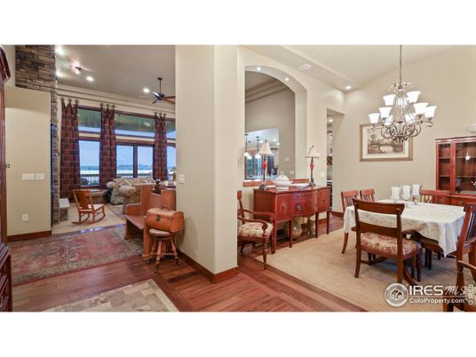 Chandelier, Dining room, Interior, Recessed Lighting, Wood Texture Flooring