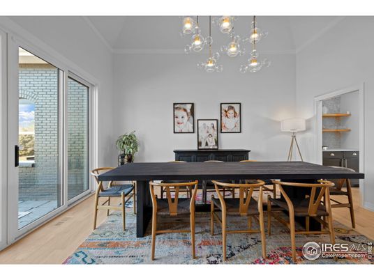 Dining room, Interior, Pendant Lights, Wood Texture Flooring
