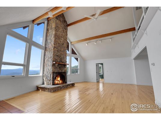 Empty room, Fireplace, Interior, Water, Wooden Beams, Wood Texture Flooring