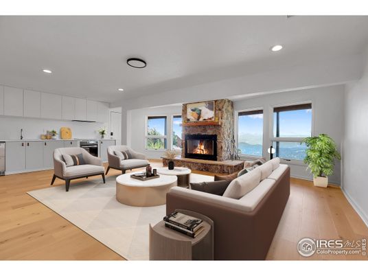 Fireplace, Interior, Living room, Recessed Lighting, Water, Wood Texture Flooring