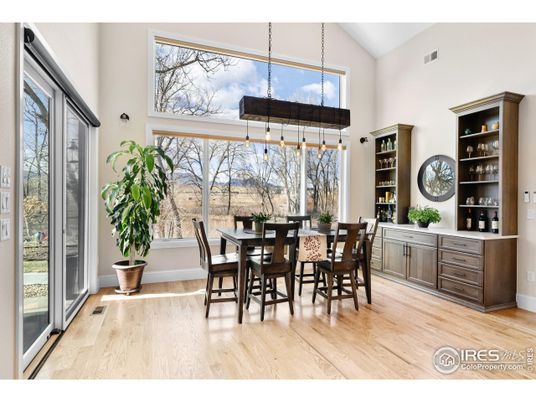 Dining room, Interior, Pendant Lights, Wood Texture Flooring